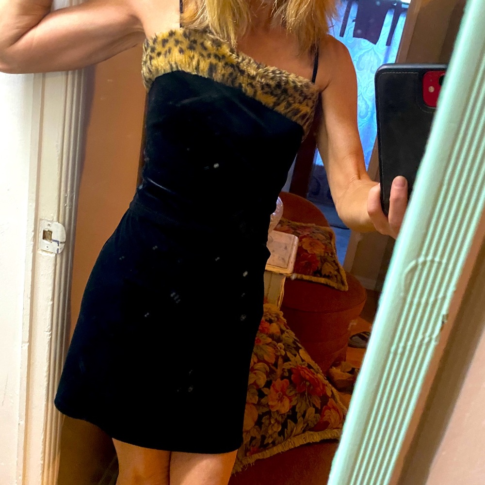 XS velvet leopard trimmed spaghetti strap top and velvet miniskirt